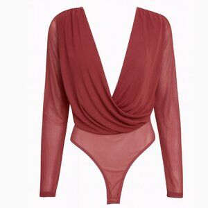 Burgundy Mesh Deep Plunge Bodysuit – Long Sleeve Draped Front (Size S)